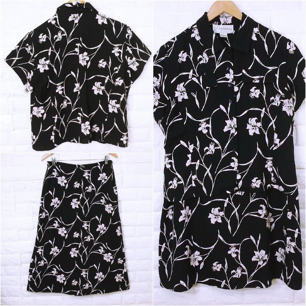 Vintage 90s Nygard 2-pc Set Tropical Shirt Skirt Ladies-12P Dark Navy Floral